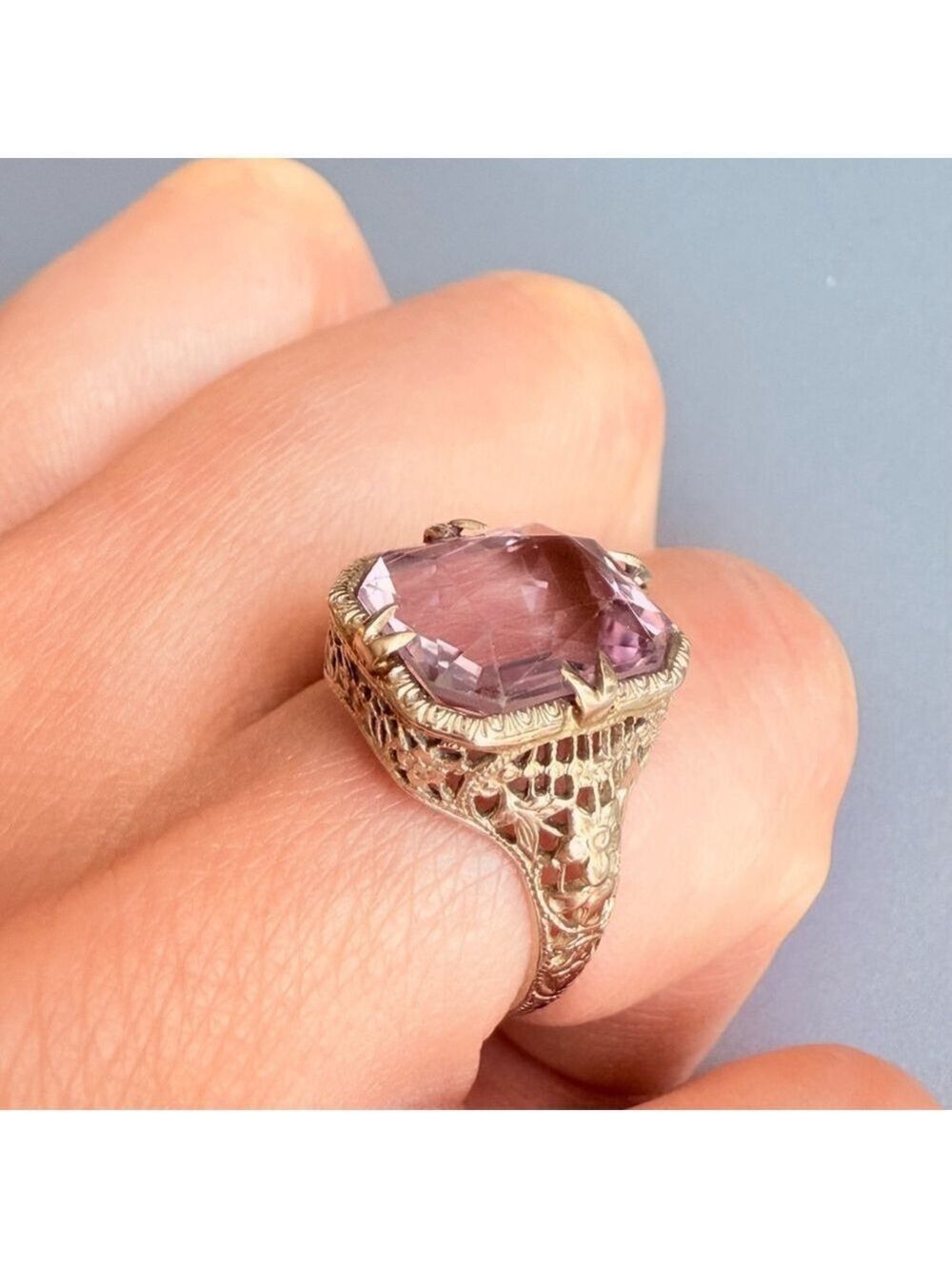Estate 14K White Gold Antique Art Deco 5 CT Emerald Cut Amethyst Ring - Picture 7 of 13